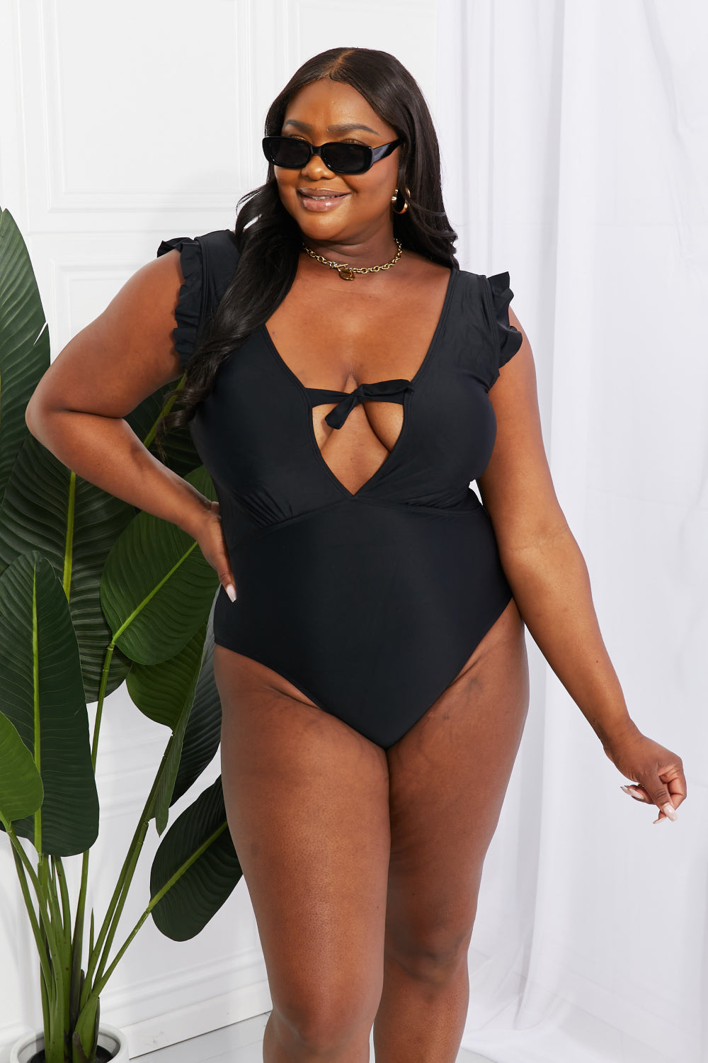 Marina West Swim Seashell Ruffle Sleeve One-Piece in Black Sunset and Swim