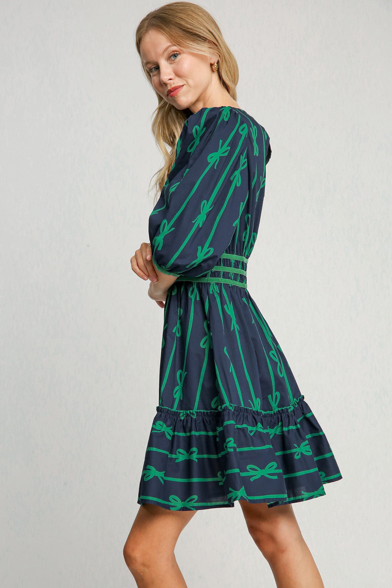 Ribbon Print Frill Contrast Velvet Trim Half Sleeve Dress [Spirit and Rebel]