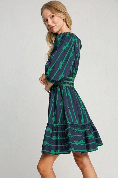 Ribbon Print Frill Contrast Velvet Trim Half Sleeve Dress [Spirit and Rebel]