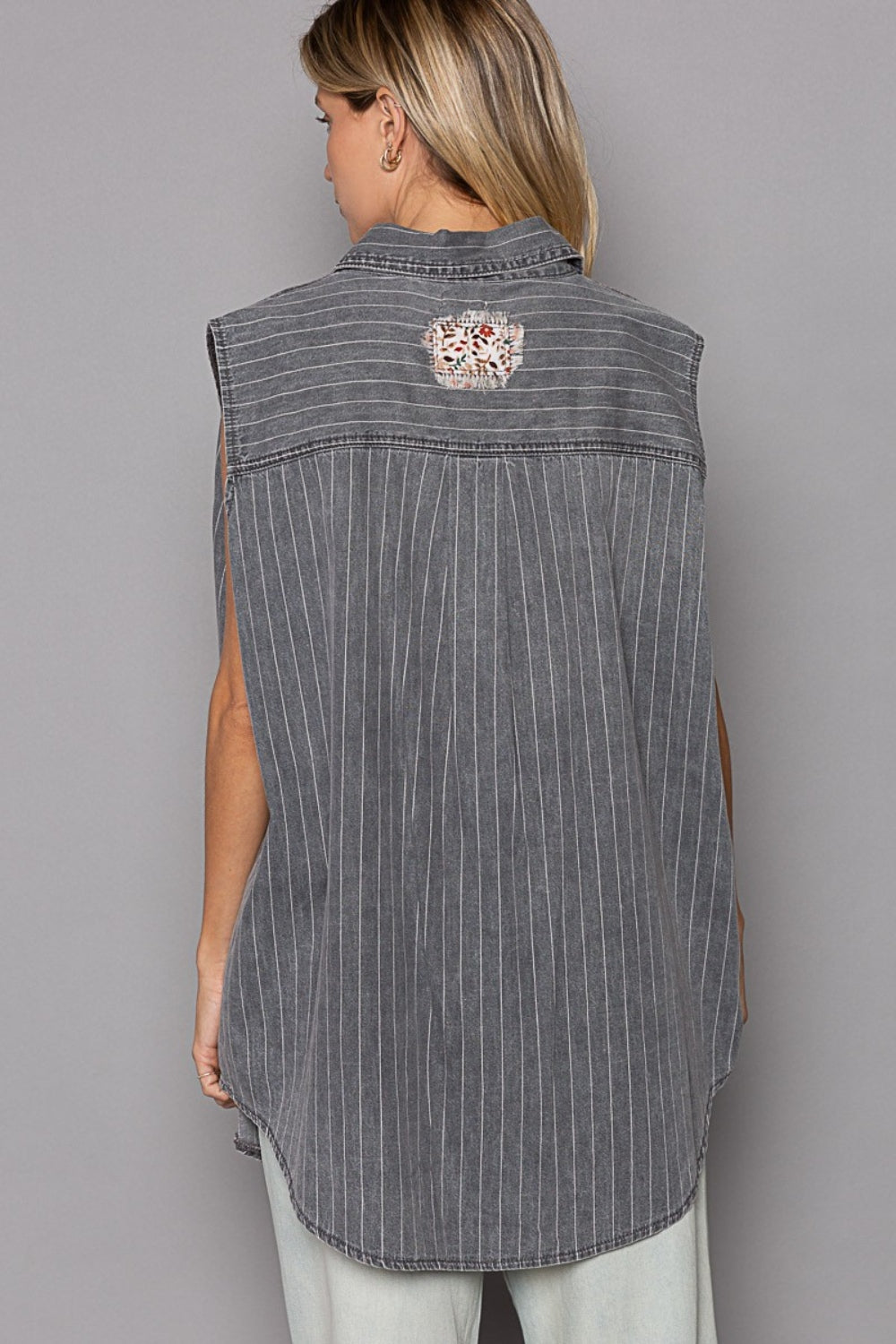 Button Down Sleeveless Striped Denim Boho Shirt - Spirit and Rebel [Spirit and Rebel]   