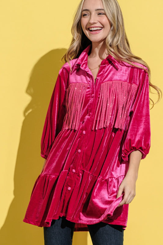 Spirit and Rebel Fringe Detailed Velvet Boho Chic Shirt Dress [Spirit and Rebel] Magenta S 