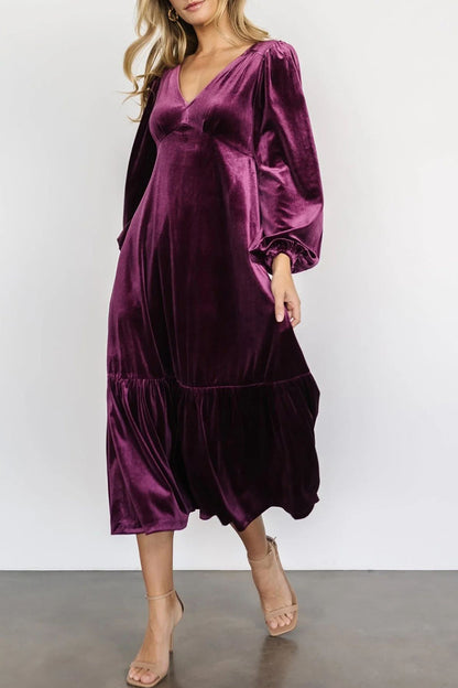 V-Neck Long Sleeve Midi Velvet Dress [Spirit and Rebel]