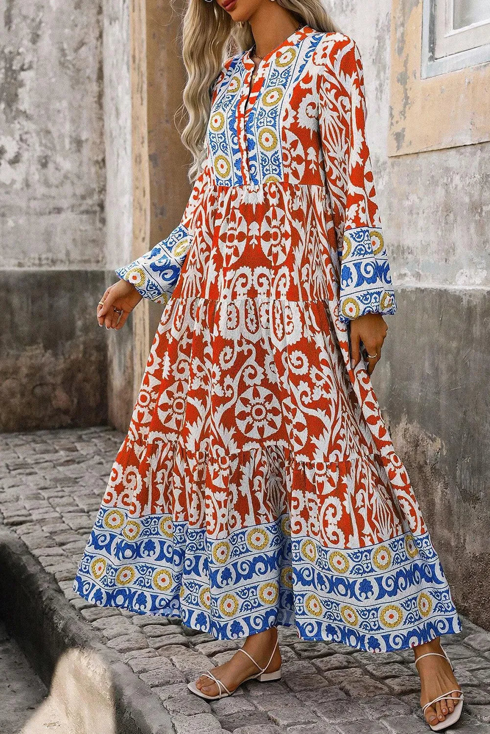 Spirit and Rebel Printed Notched Long Sleeve Maxi Dress [Spirit and Rebel]   