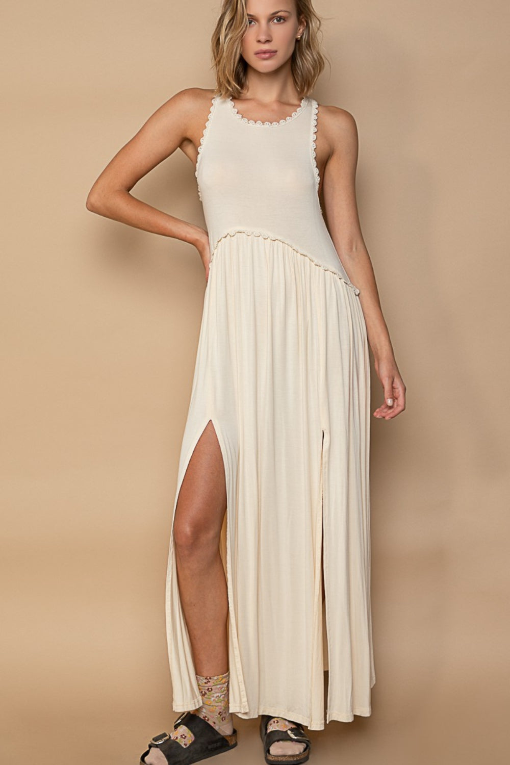 Sleeveless Back Zipper Front Slit Maxi Boho Dress - Spirit and Rebel [Spirit and Rebel] Cream S 