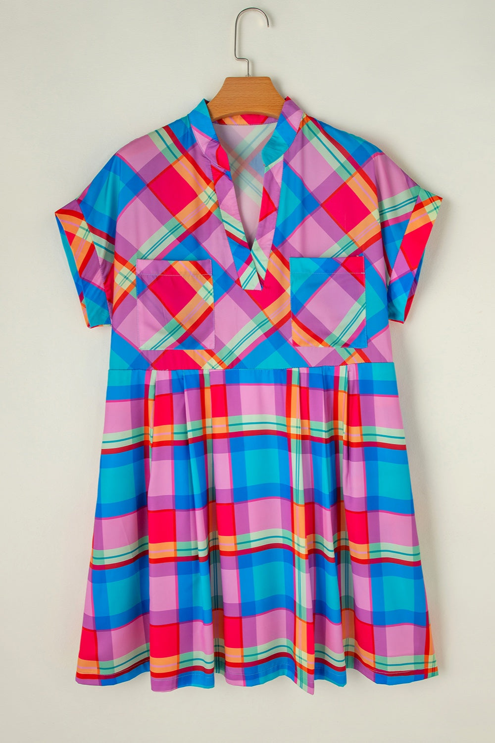 Plaid Notched Short Sleeve Mini Boho Dress - Spirit and Rebel [Spirit and Rebel]   