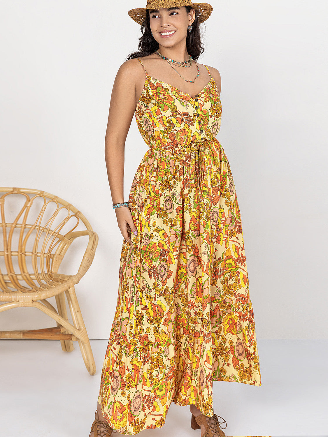 Plus Size Printed V-Neck Maxi Boho Cami Boho Dress - Spirit and Rebel [Spirit and Rebel]   