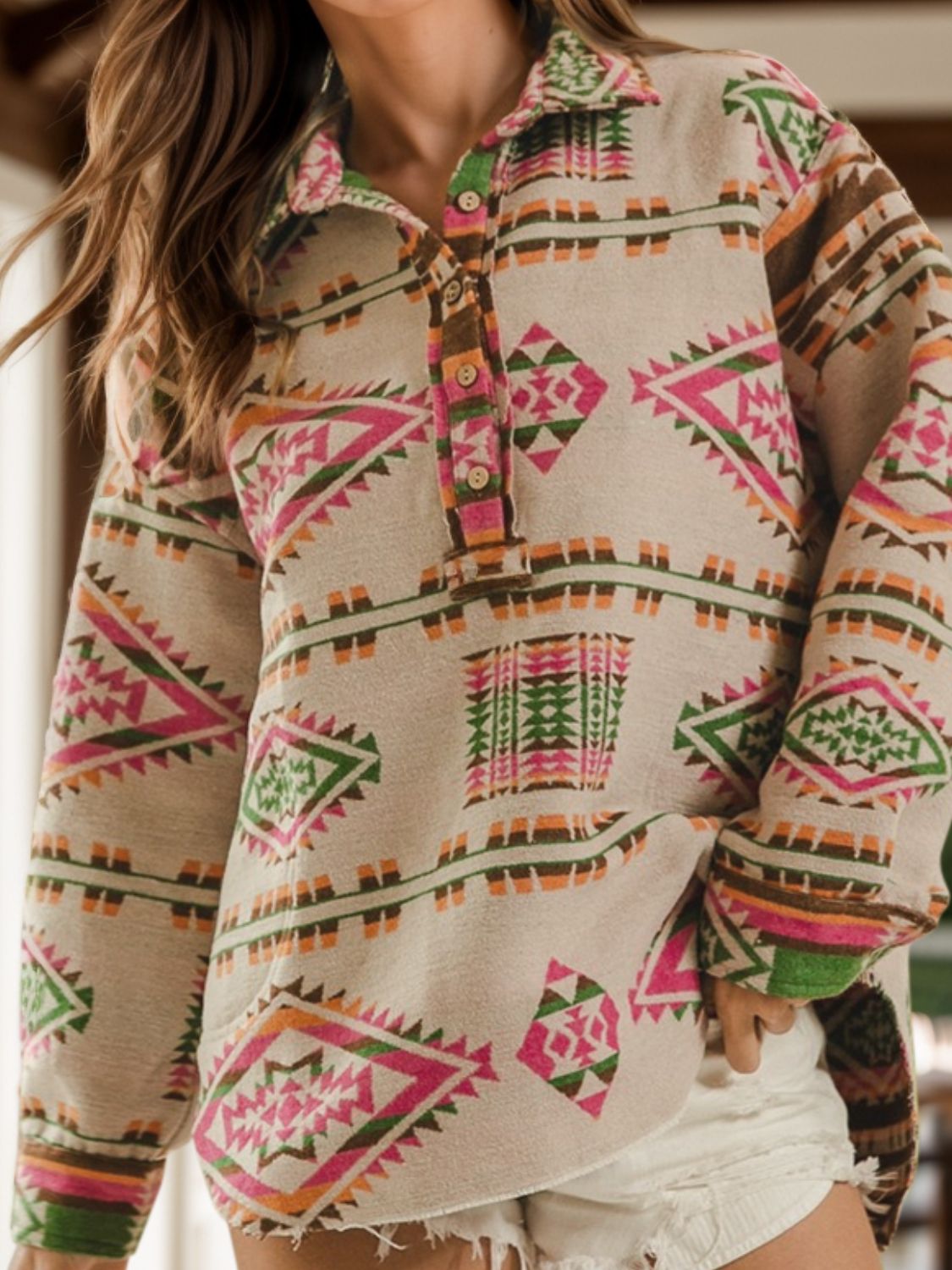 Spirit and Rebel Geometric Half Button Long Sleeve Boho Sweatshirt [Spirit and Rebel] Tan S 