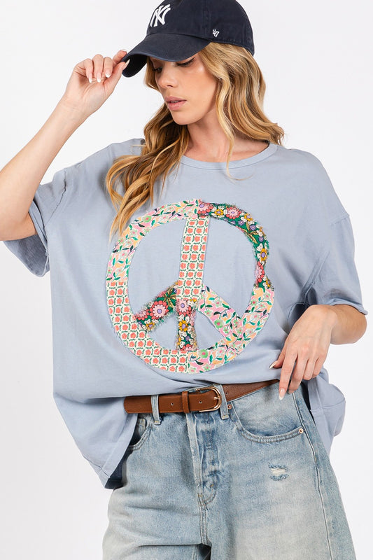 Peace Sign Round Neck Half Sleeve T-Boho Shirt - Spirit and Rebel [Spirit and Rebel] Dusty Blue S 