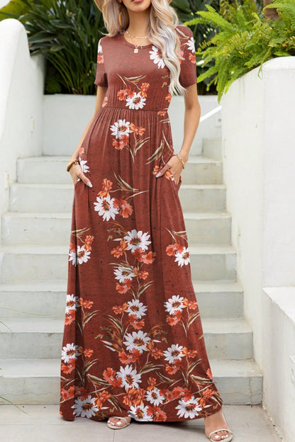 Printed Round Neck Short Sleeve Maxi Boho Dress - Spirit and Rebel [Spirit and Rebel]   