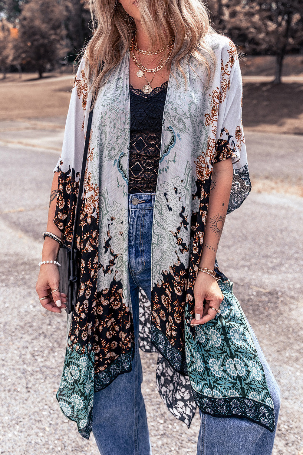 Open Front Printed Half Sleeve Boho Cover Up [Spirit and Rebel] Multicolor One Size 