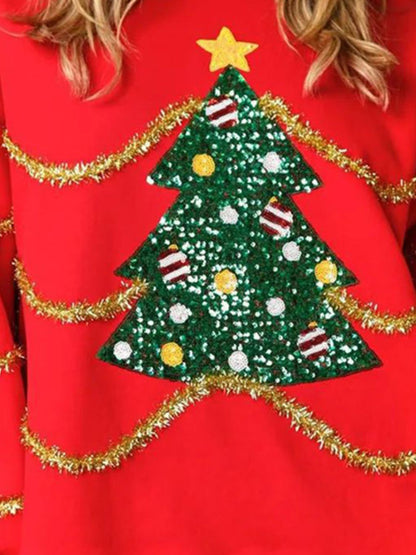 Sequin Christmas Tree Round Neck Boho Sweatshirt [Spirit and Rebel]