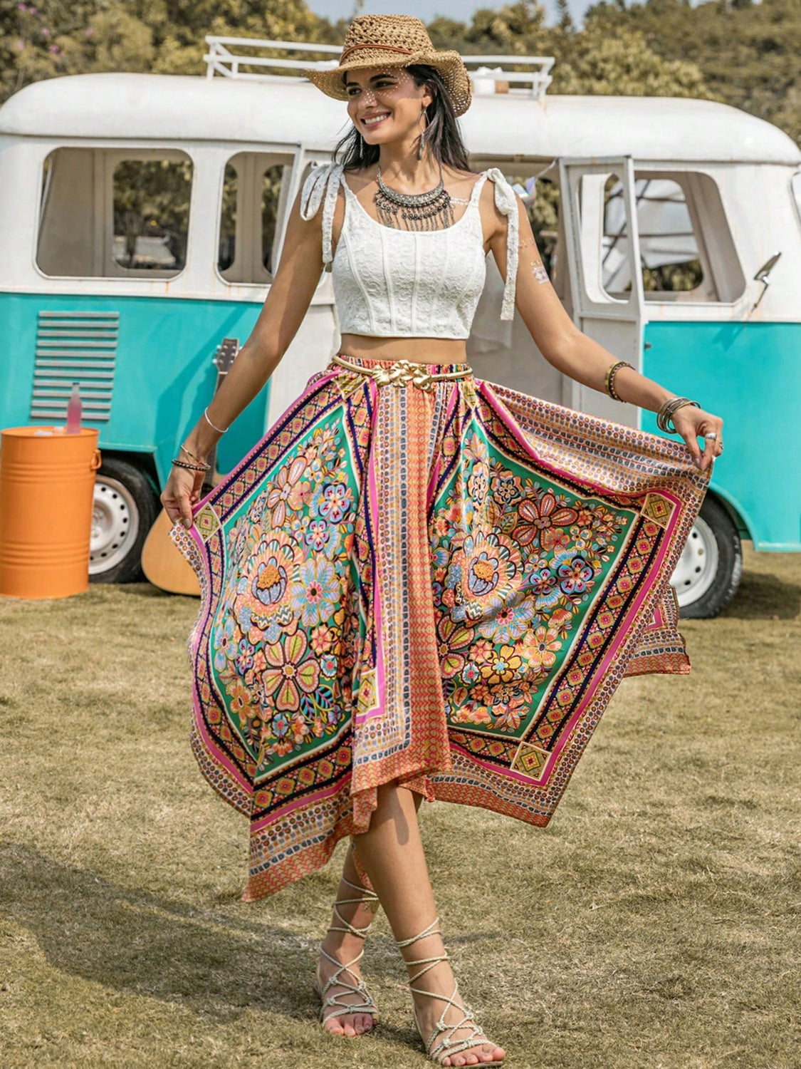 Boho Chic  Printed High Waist Handkerchief Hem Skirt [Spirit and Rebel]   