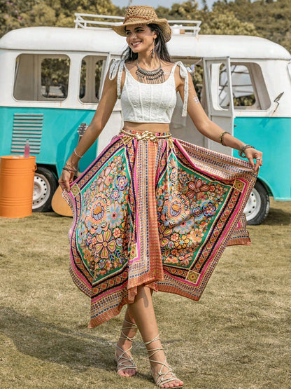 Boho Chic  Printed High Waist Handkerchief Hem Skirt [Spirit and Rebel]   