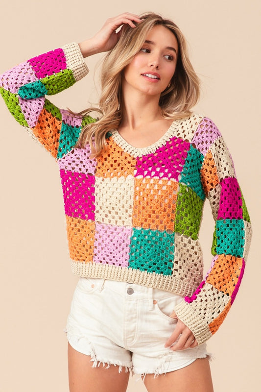 Multi Color Checkered Long Sleeve Knit Boho Top - Spirit and Rebel [Spirit and Rebel] Oatmeal Multi S 