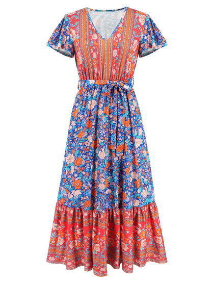 Tied Printed V-Neck Short Sleeve Boho Wedding Guest Dress [Spirit and Rebel]   