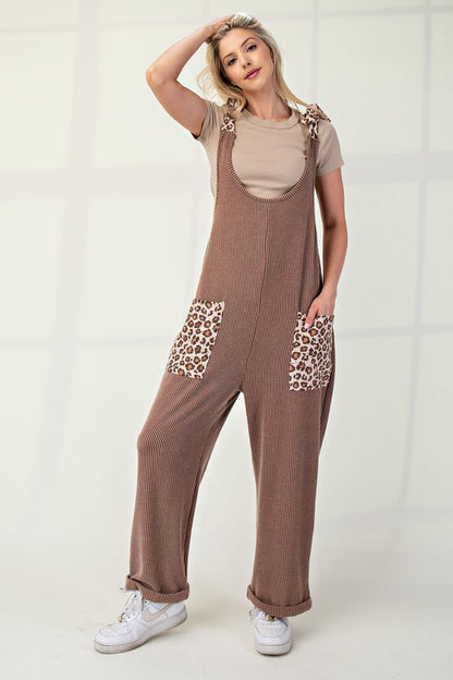 Plus Size Ribbed Leopard Tied Shoulder Overalls [Spirit and Rebel]