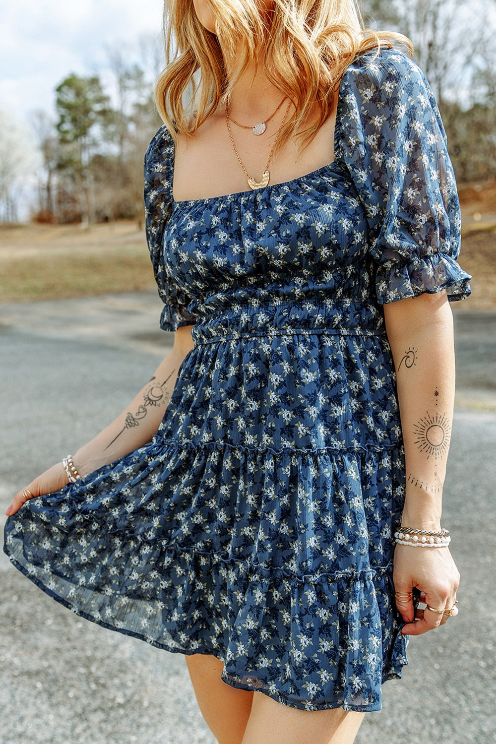 Printed Square Neck Short Sleeve Boho Dress [Spirit and Rebel]   