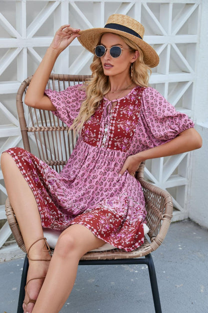 Printed Tie Neck Half Sleeve Boho Dress - Spirit and Rebel [Spirit and Rebel]   