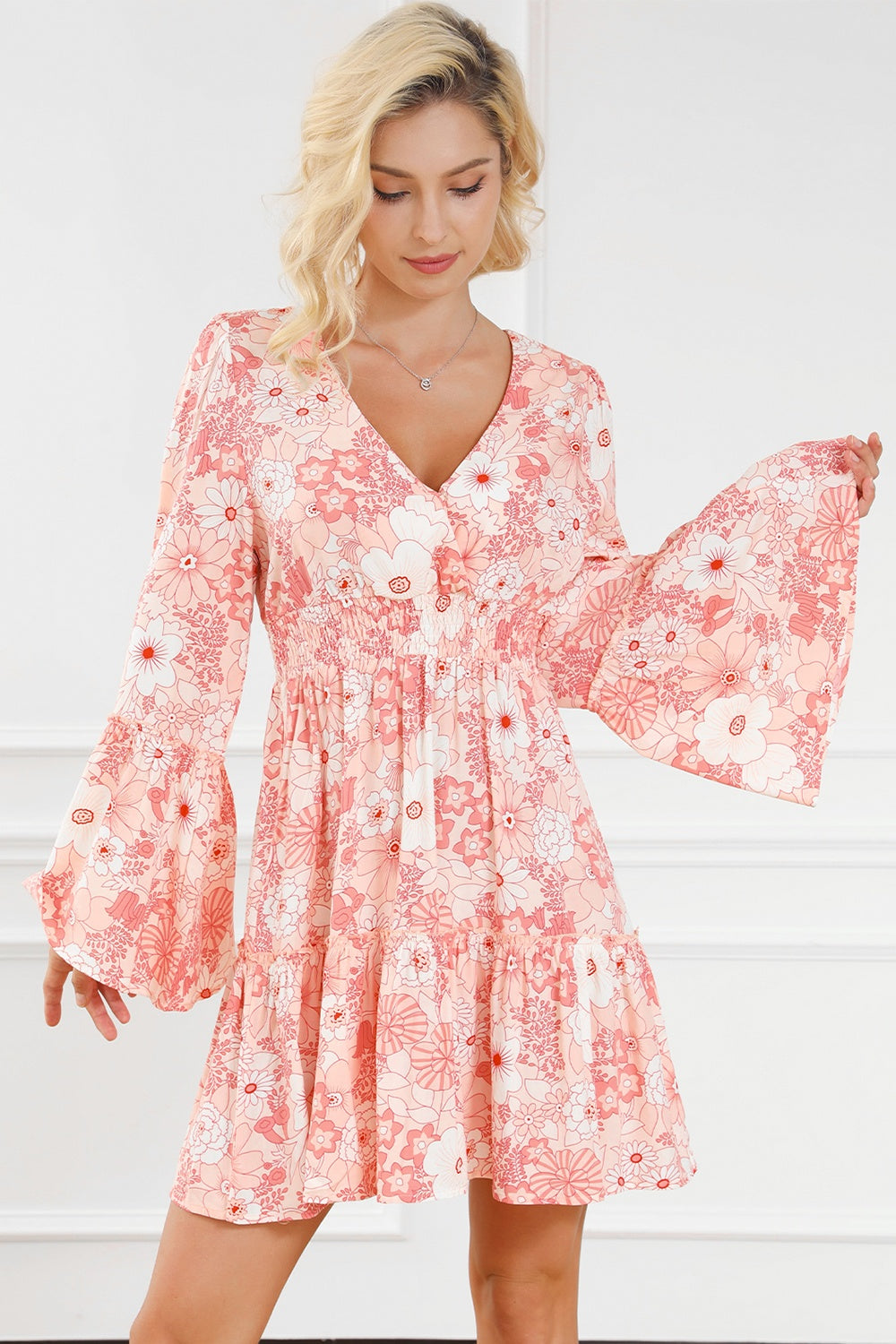 Smocked Printed Flare Sleeve Boho Mini Dress [Spirit and Rebel]   