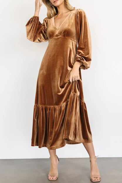 V-Neck Long Sleeve Midi Velvet Dress [Spirit and Rebel]