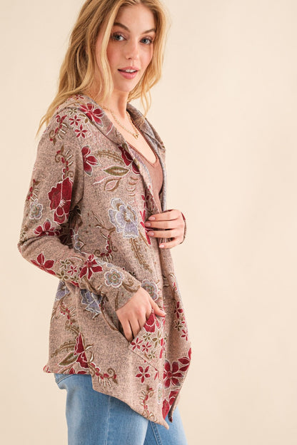 Spirit and Rebel Floral Thermal Hooded Open Front Boho Cardigan [Spirit and Rebel]   