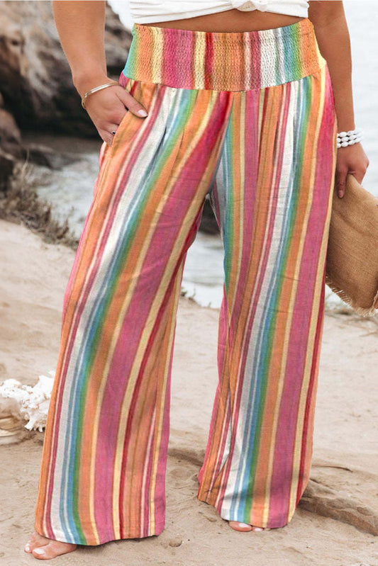 Plus Size Striped Wide Leg Boho Pants - Spirit and Rebel [Spirit and Rebel] Tangerine 1XL 