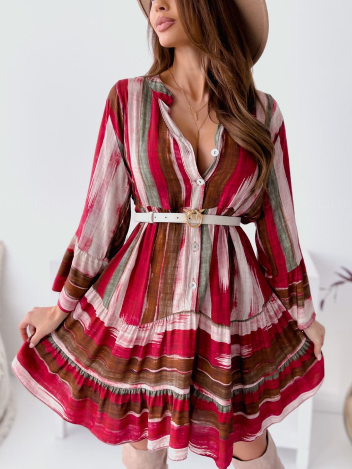 Buttoned Striped Long Sleeve Mini Dress - Spirit and Rebel [Spirit and Rebel]   