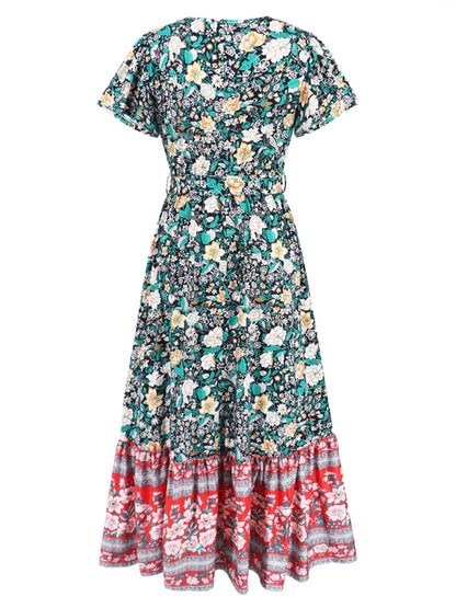 Tied Printed V-Neck Short Sleeve Boho Wedding Guest Dress [Spirit and Rebel]   