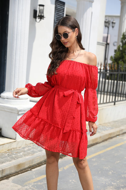 Swiss Dot Off-Shoulder Balloon Sleeve Boho Dress [Spirit and Rebel]   