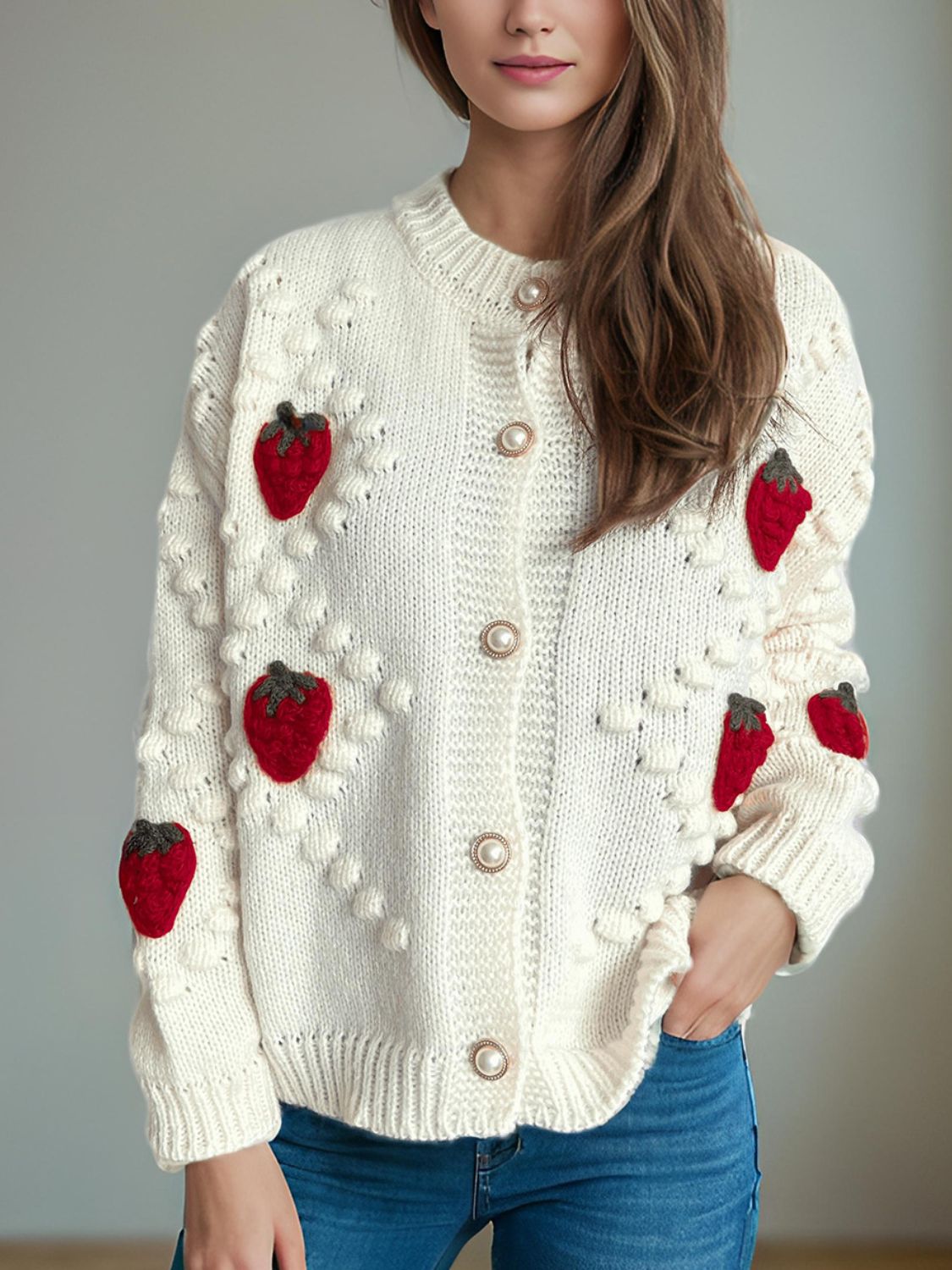 Spirit and Rebel Strawberry Button Down Long Sleeve Boho Cardigan [Spirit and Rebel]   