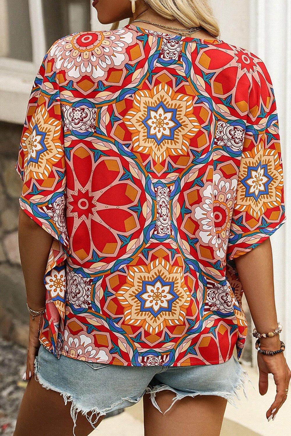 Printed V-Neck Half Sleeve Boho Blouse [Spirit and Rebel]   