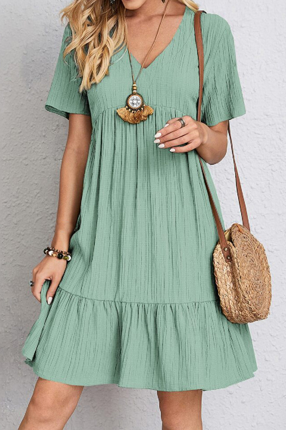 Boho Chic  Plus Size Ruched V-Neck Short Sleeve Dress [Spirit and Rebel]   