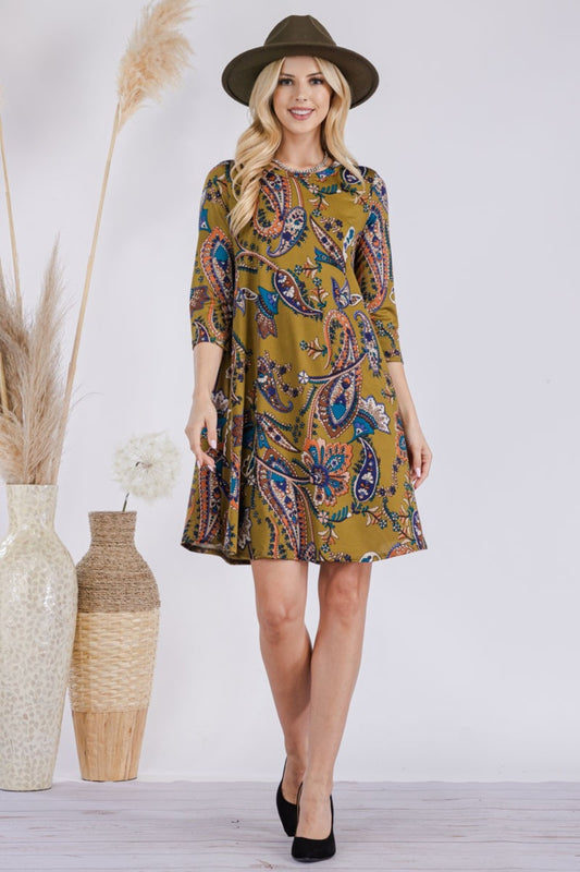 Plus Size Paisley Print Round Neck Dress with Pockets - Spirit and Rebel [Spirit and Rebel] Olive Paisley S 