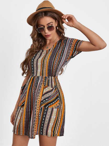 Pocketed Striped Short Sleeve Boho Dress [Spirit and Rebel]   