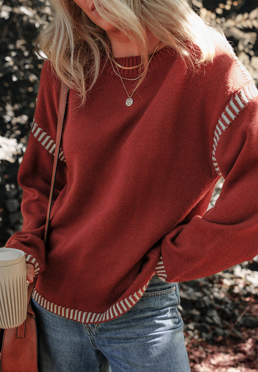 Spirit and Rebel Striped Detail Round Neck Dropped Shoulder Boho Sweater [Spirit and Rebel] Burgundy S 