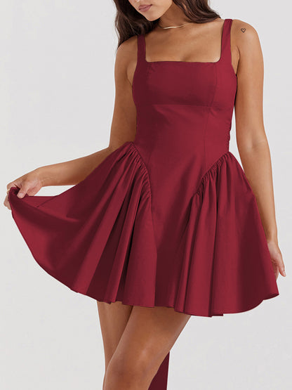 Backless Bow Detail Square Neck Mini Dress [Spirit and Rebel] Deep Red S 