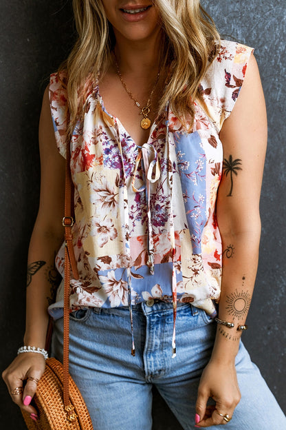 Printed Tie Neck Cap Sleeve Boho Blouse - Spirit and Rebel [Spirit and Rebel]   