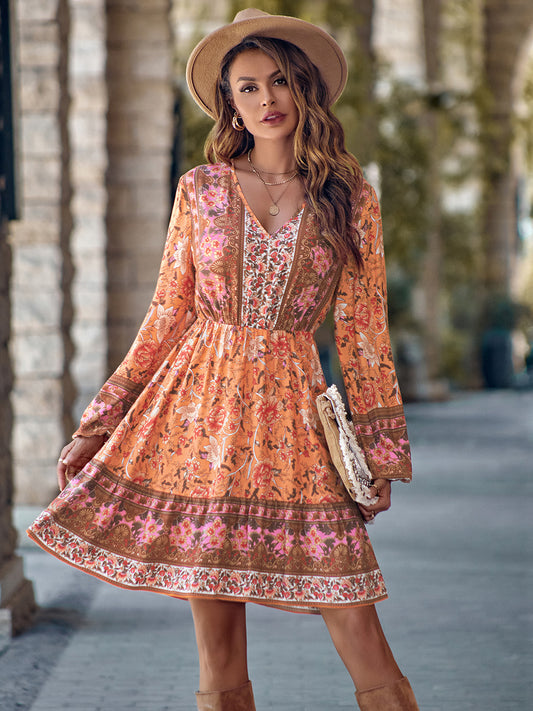 Bohemian V-Neck Long Sleeve Dress [Spirit and Rebel] Coral S 