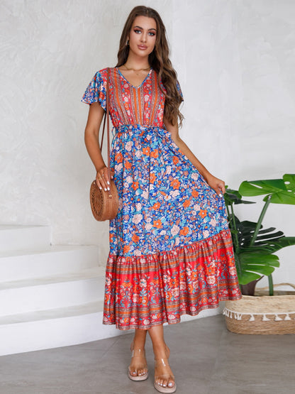 Tied Printed V-Neck Short Sleeve Boho Wedding Guest Dress [Spirit and Rebel]   