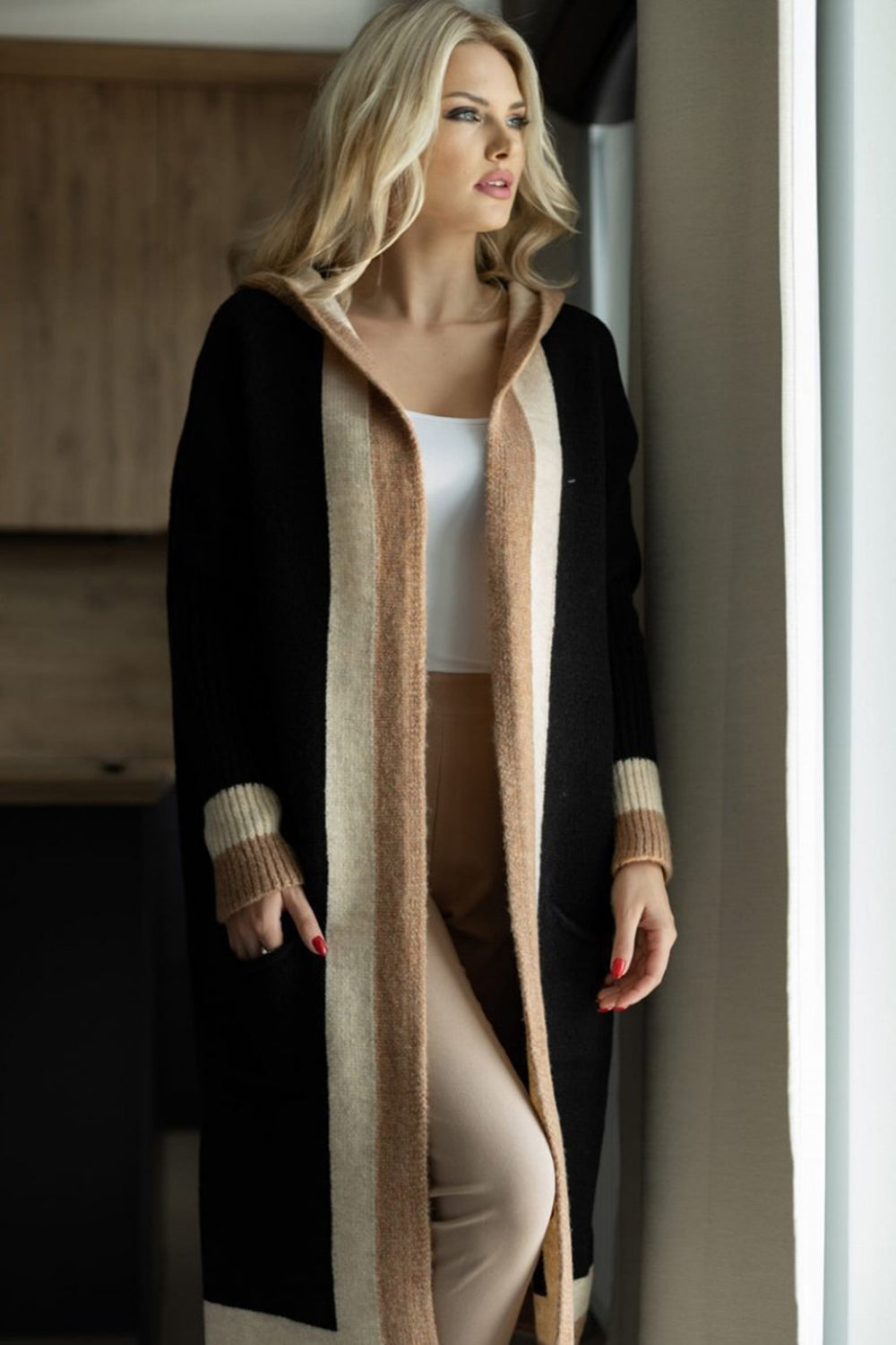 Pocketed Contrast Long Sleeve Hooded Boho Cardigan [Spirit and Rebel]   