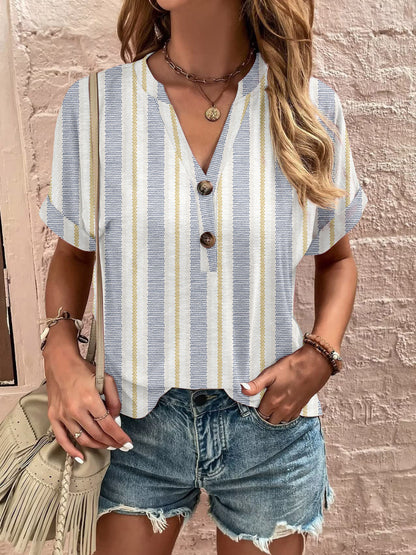 Plus Size Printed Notched Short Sleeve Boho Blouse - Spirit and Rebel [Spirit and Rebel] Stripe S 