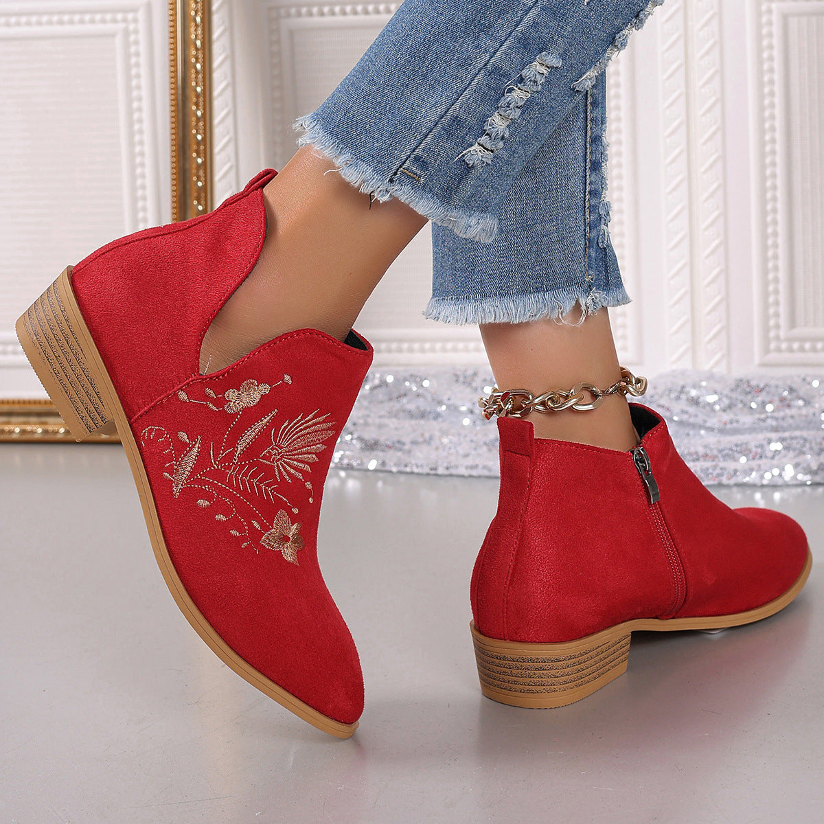 Spirit and Rebel Embroidered Suede Point Toe Block Heel Boho Boots [Spirit and Rebel]   