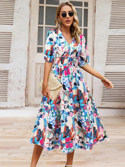 Boho Chic  Ruched Printed Surplice Short Sleeve Dress [Spirit and Rebel]   