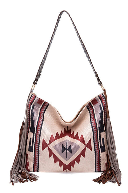 Geometric Canvas Tote Boho Bag - Spirit and Rebel [Spirit and Rebel] Beige One Size 