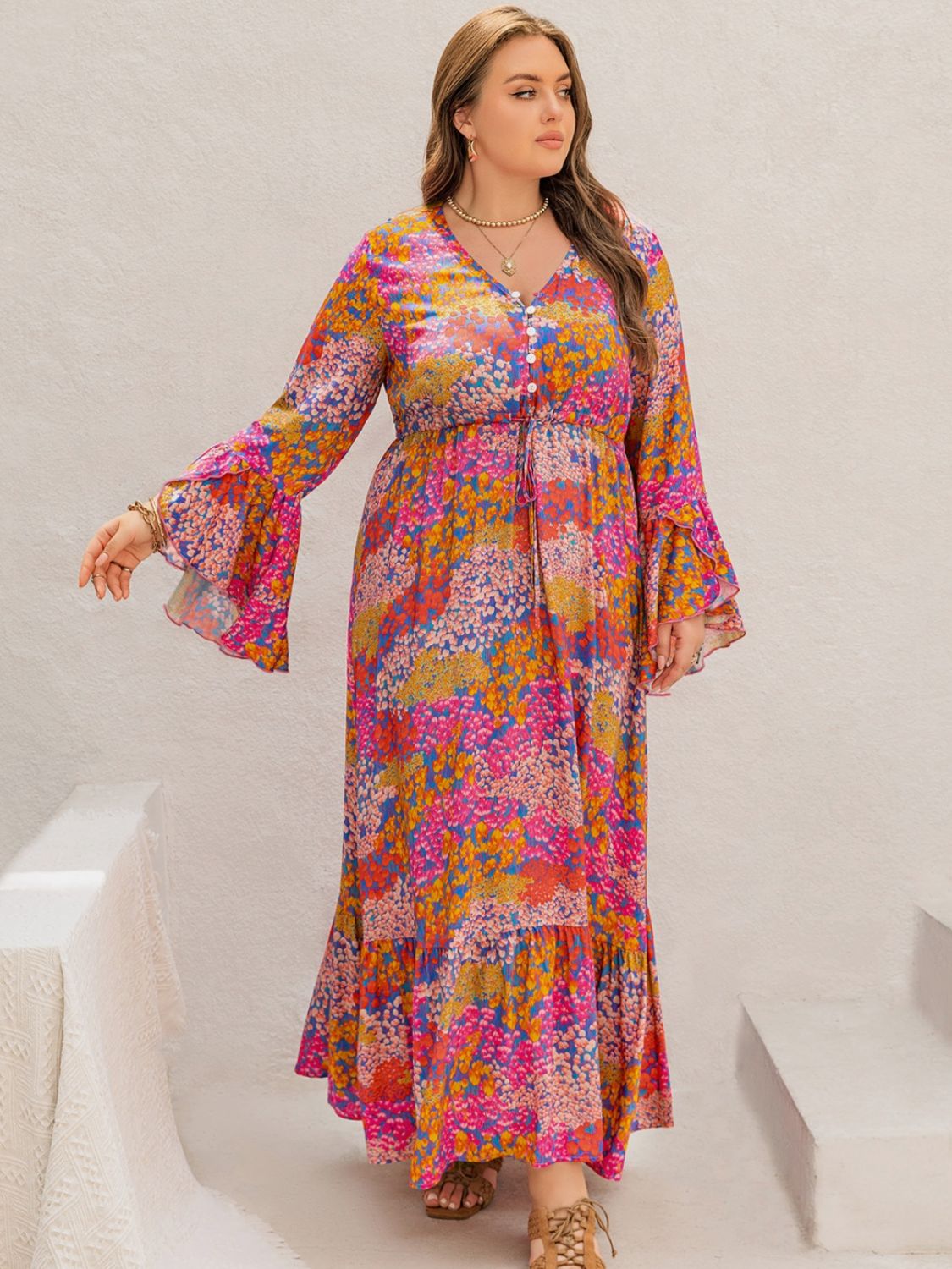 Plus Size Printed V-Neck Long Sleeve Maxi Dress - Spirit and Rebel [Spirit and Rebel]   