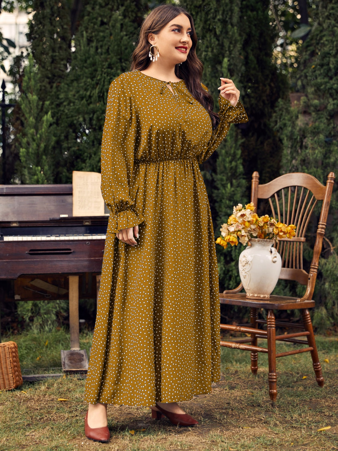 Plus Size Ruffled Polka Dot Long Sleeve Midi Dress - Spirit and Rebel [Spirit and Rebel]   