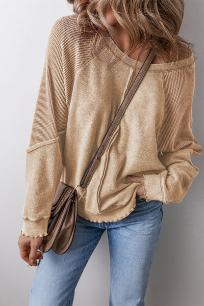 Round Neck Long Sleeve Boho Sweatshirt - Spirit and Rebel [Spirit and Rebel] Tan S 