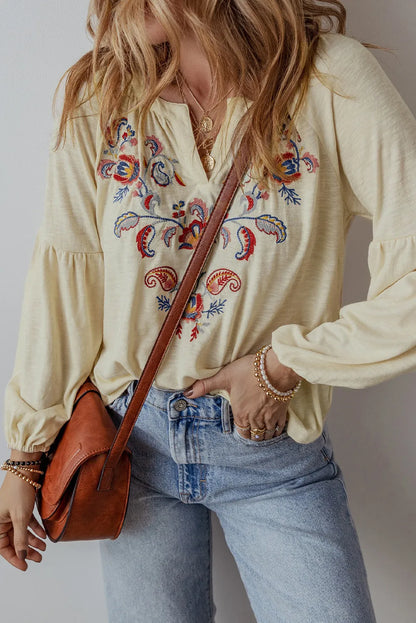 Spirit and Rebel Embroidered Notched Long Sleeve Bohemian Blouse [Spirit and Rebel]   