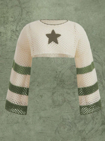 Openwork Star Round Neck Long Sleeve Knit Boho Cover Up - Spirit and Rebel [Spirit and Rebel] Moss S 