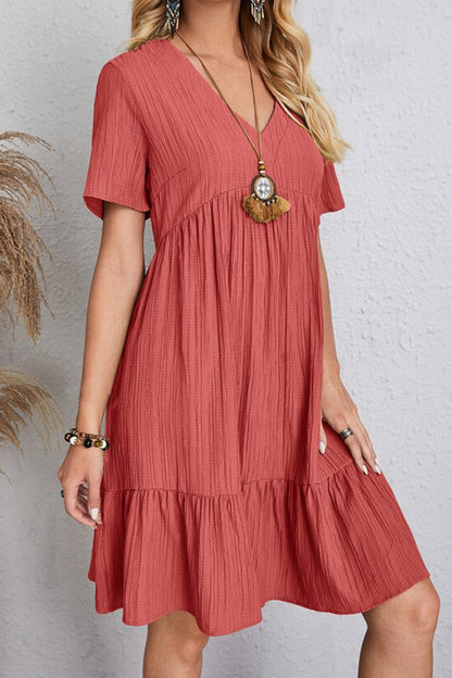 Boho Chic  Plus Size Ruched V-Neck Short Sleeve Dress [Spirit and Rebel]   